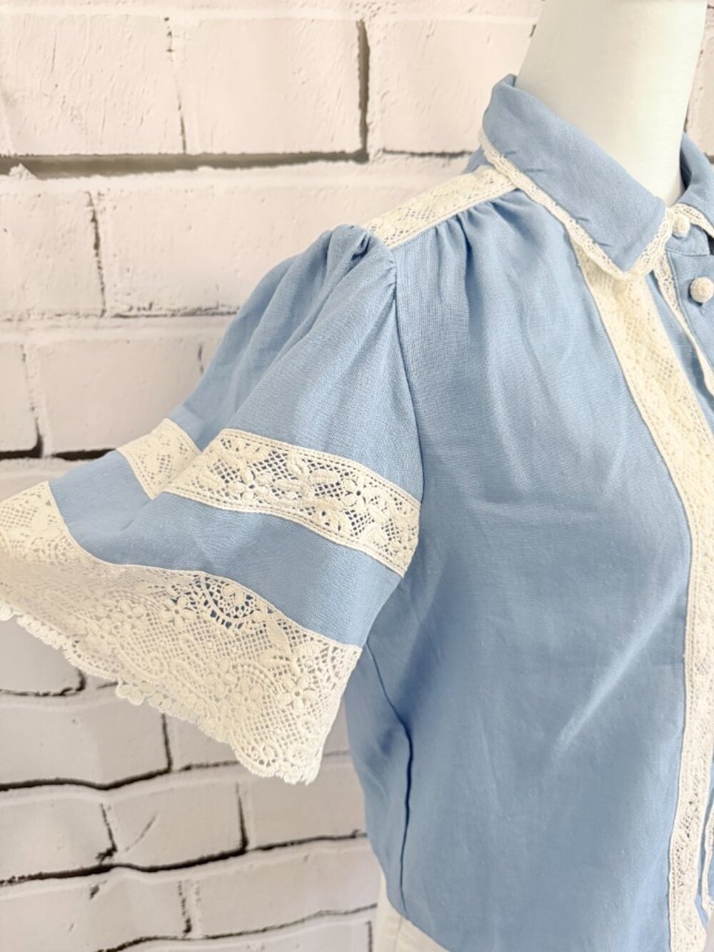 NWT Caroline Constas Blue Linen Lace Blouse Top Size S Cottagecore Boho - Picture 8 of 12